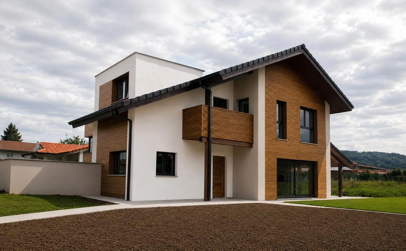 Fachada sur de la vivienda unifamiliar en Santa Ana (Berango) con balcón de madera