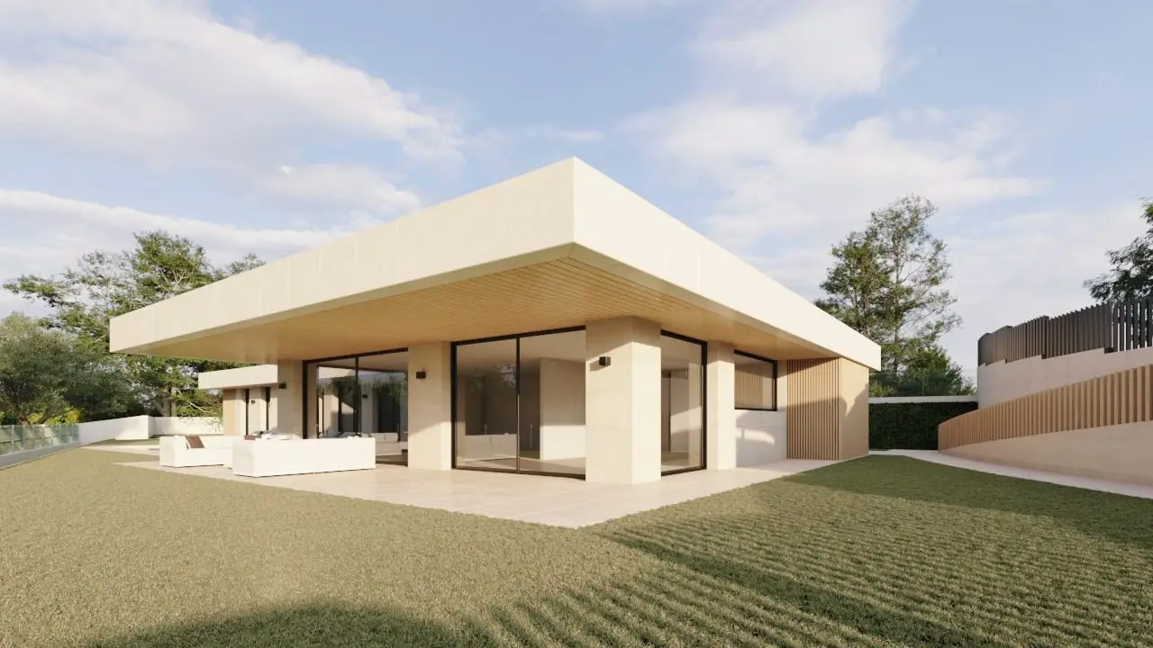 Infografía de la Casa Piano, vivienda unifamiliar en L con gran alero y porche
