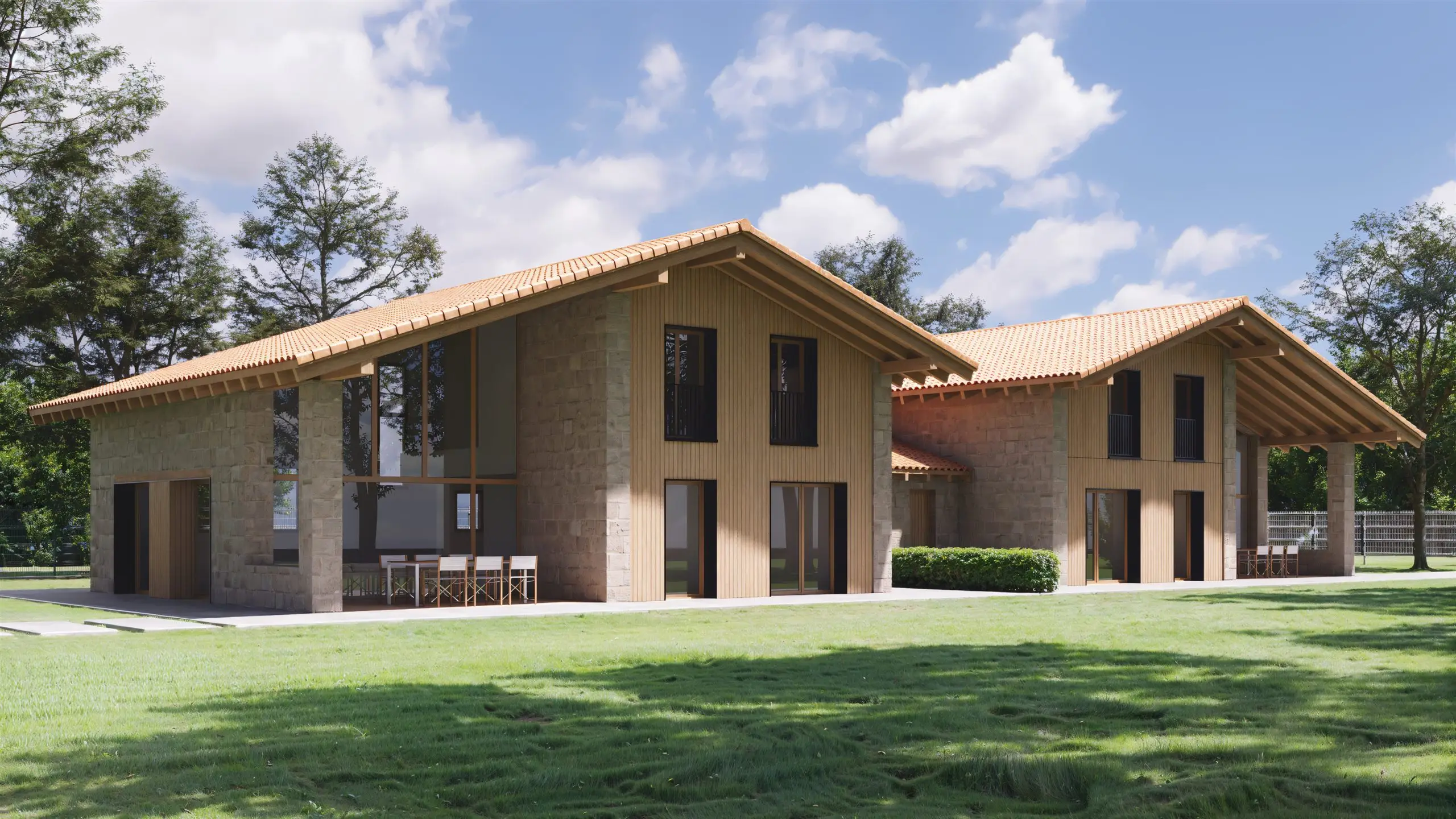 Infografía de la vivienda bifamiliar en San Miguel con sus dos volúmenes unidos